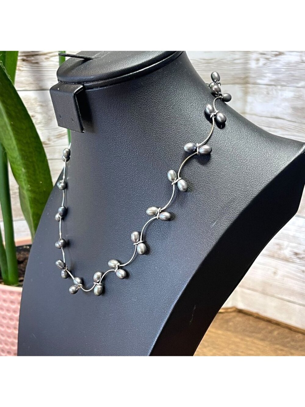 Black Freshwater Pearl Station Necklace With Sterling Silver Wire Chain 18"L